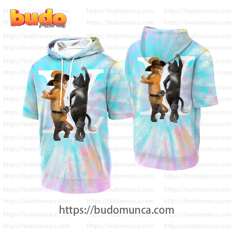 Louisvuitton and puss in boots couple dance hooded short sleeve t-shirt gift uninque for kid man women